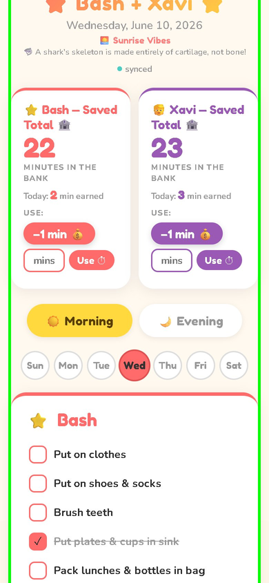 ADHDone app showing morning tasks and saved time for two kids